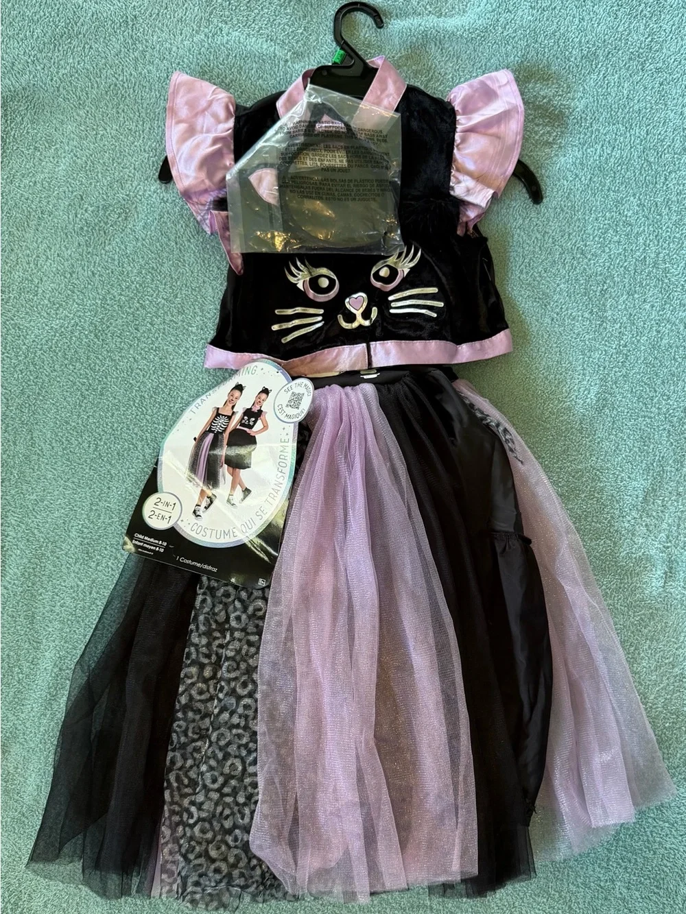 Cute Black Cat Skeleton Girls Halloween Costume 2-In-1 Reversible Dress Size M